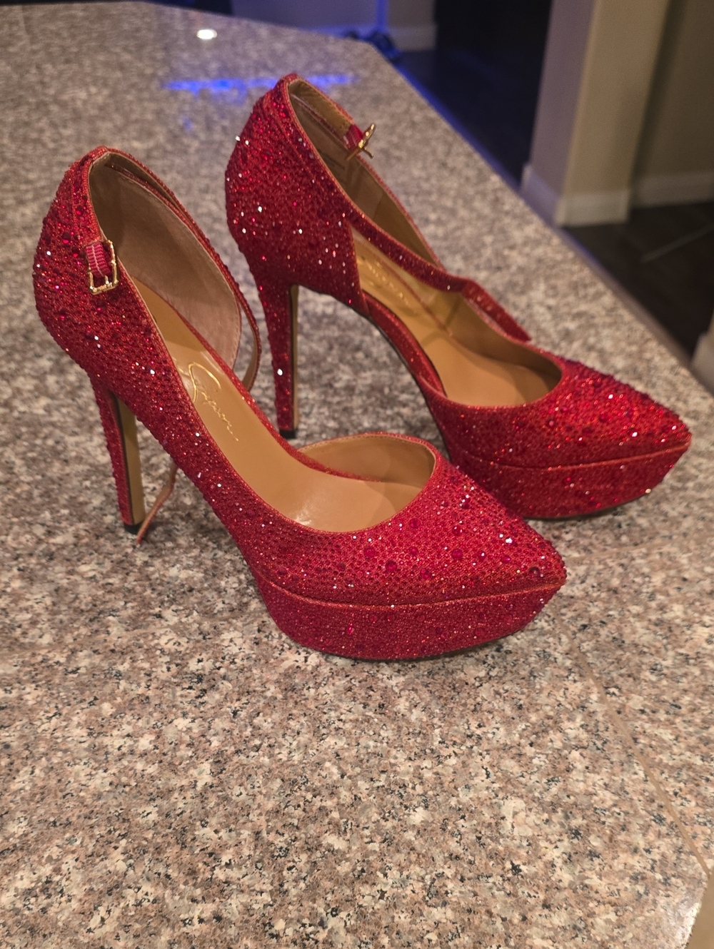 Jessica Simpson Red Glitter Pointed Ankle-Strap Heels - Picture 4 of 12